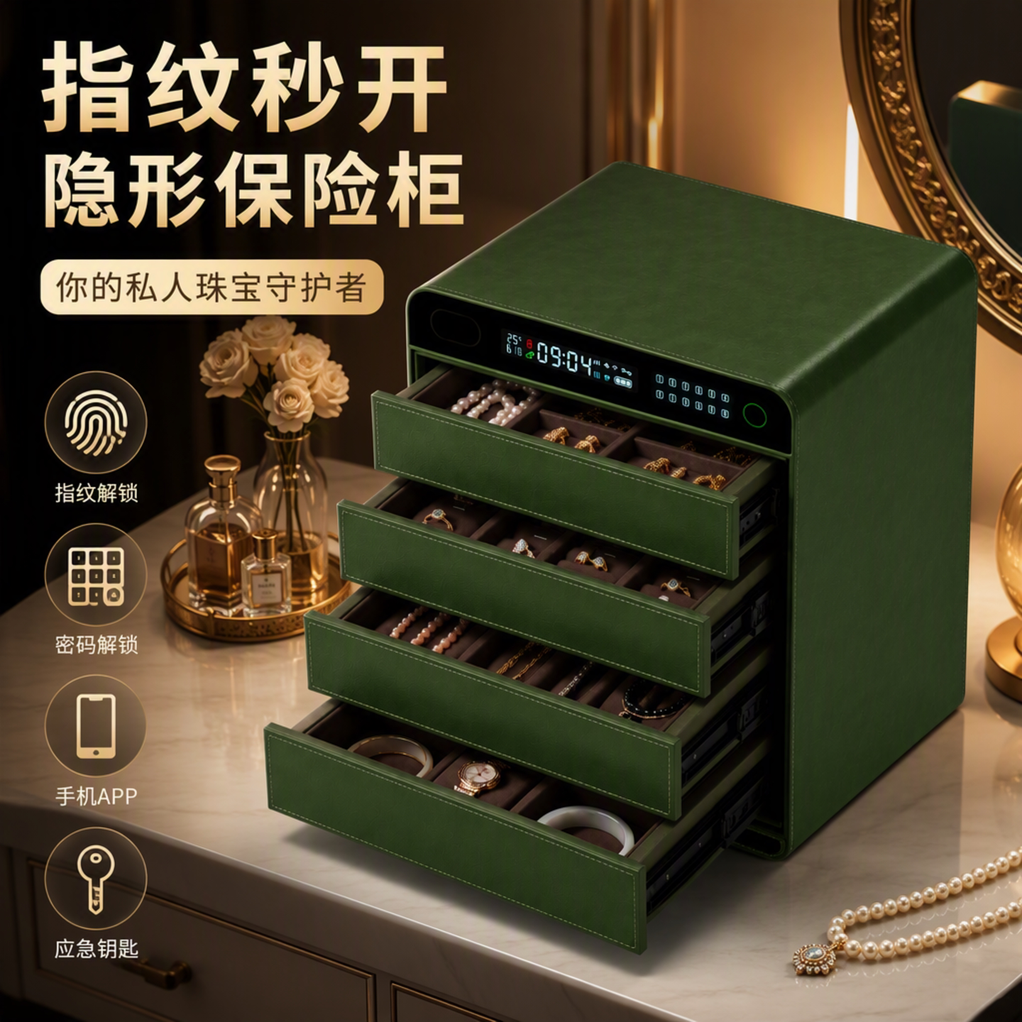珠宝保险柜指纹解锁首饰盒保险箱多层密码抽屉防盗保管箱家用小型