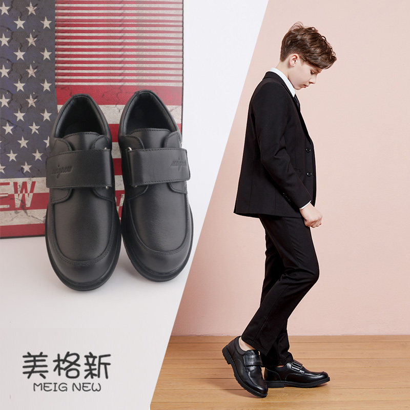 男童黑色牛皮休闲小皮鞋儿童英伦风真皮学生中大童钢琴礼服演出鞋
