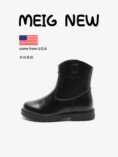 美格新马丁靴短靴新款童鞋女童透气秋冬皮靴英伦风牛皮中筒靴子
