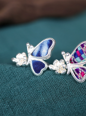 复古蝴蝶刺绣老绣蓝染苗银戒指