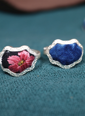 复古老绣蓝染花朵开口戒指女款