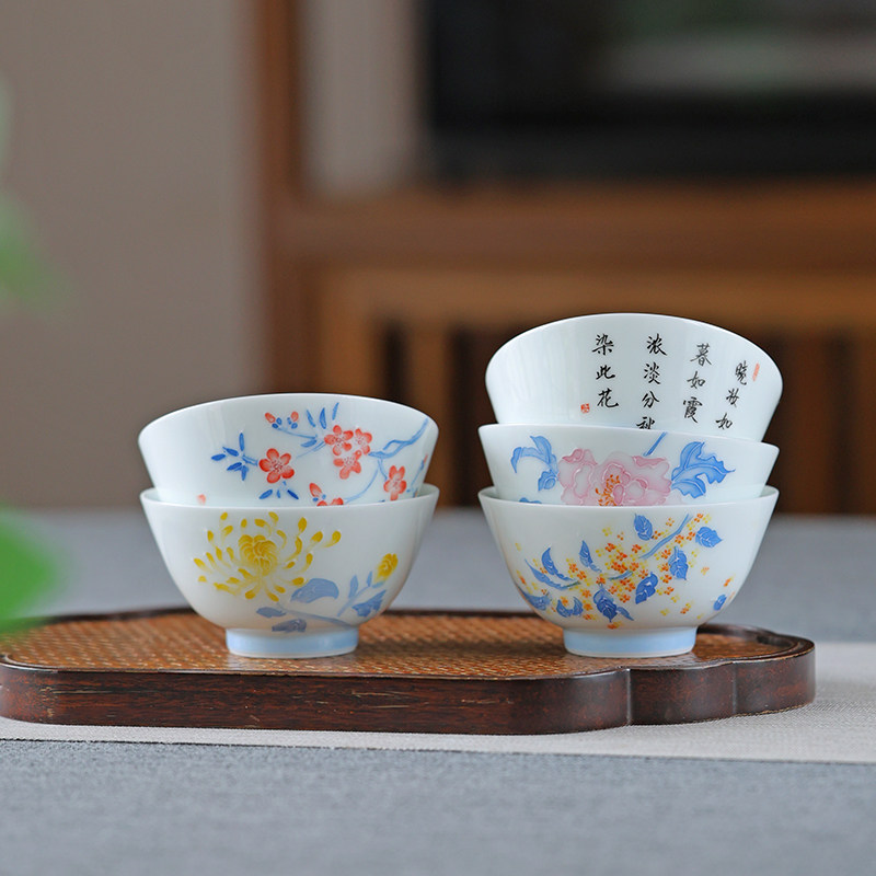 高端手绘十二花神杯茶杯陶瓷桂花单杯茶盏手写诗文功夫茶具主人杯 - 实物图
