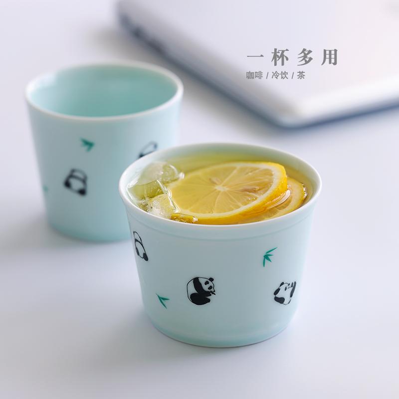 可爱卡通小熊猫手握咖啡杯景德镇影青陶瓷猪口杯家用水杯牛奶杯