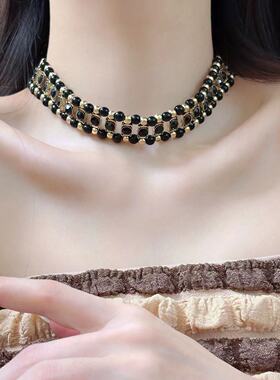 轻奢感黑色串珠颈链多层设计复古个性项链巴洛克风满锆颈链女