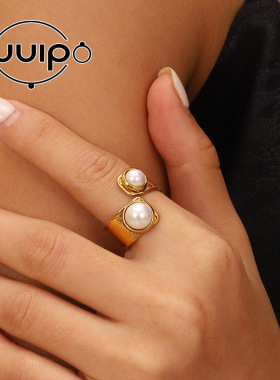 欧美不锈钢珍珠夸张女士戒指感小众ins指环钛钢不掉色首饰品