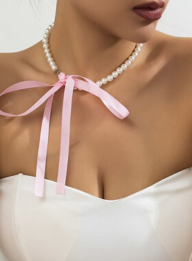 欧美跨境项链复古法式丝绒珍珠手链蝴蝶结锁骨链项链饰品厂家