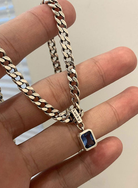 镶钻蓝锆石项链女小众设计感重工简约粗链条幸运锁骨链2024年新潮