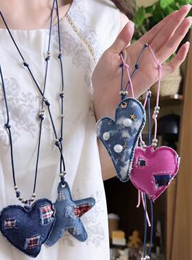 朋克辣妹蓝色牛仔布格纹爱心编织绳项链小众甜酷百搭长款毛衣链潮