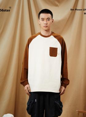 CENTIMETER日系City boy 口袋品标拼接撞色插肩袖插肩长袖T恤