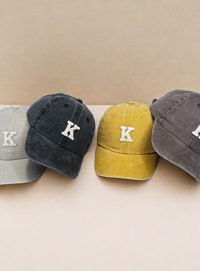 儿童鸭舌帽水洗做旧洋气字母湾檐帽子春秋男童女童宝宝休闲棒球帽