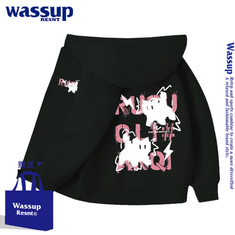 WASSUP猫咪潮牌卫衣新款中大童男女新款拉链卫衣秋冬装衣服外套
