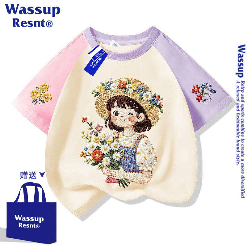 WASSUP新款卡通女孩短袖纯棉t恤半袖夏装上衣T恤洋气女童半截袖