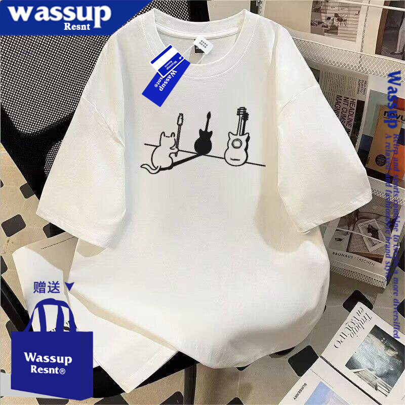 WASSUP重磅美式设计感吉他猫咪短袖T恤情侣装ins夏季休闲上衣男