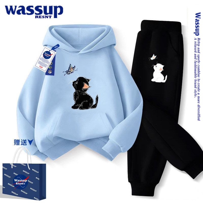 WASSUP浅蓝猫咪女童卫衣套装春秋款2026衣服加绒儿童秋冬运动两件