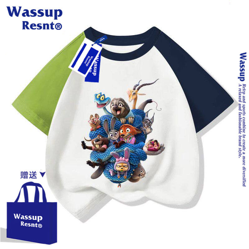 WASSUP疯狂动物城尼克兔子朱迪卡通圆领短袖儿童t恤衫亲子夏装