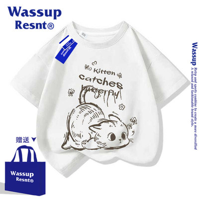 WASSUP超好看儿童t恤短袖纯棉夏季2026新款猫咪印花上衣女童半袖