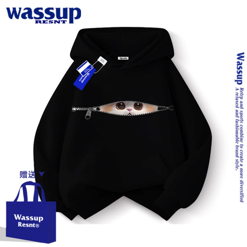 WASSUP拉链猫咪儿童黑色连帽卫衣新款春秋冬加绒加厚男女孩中大童