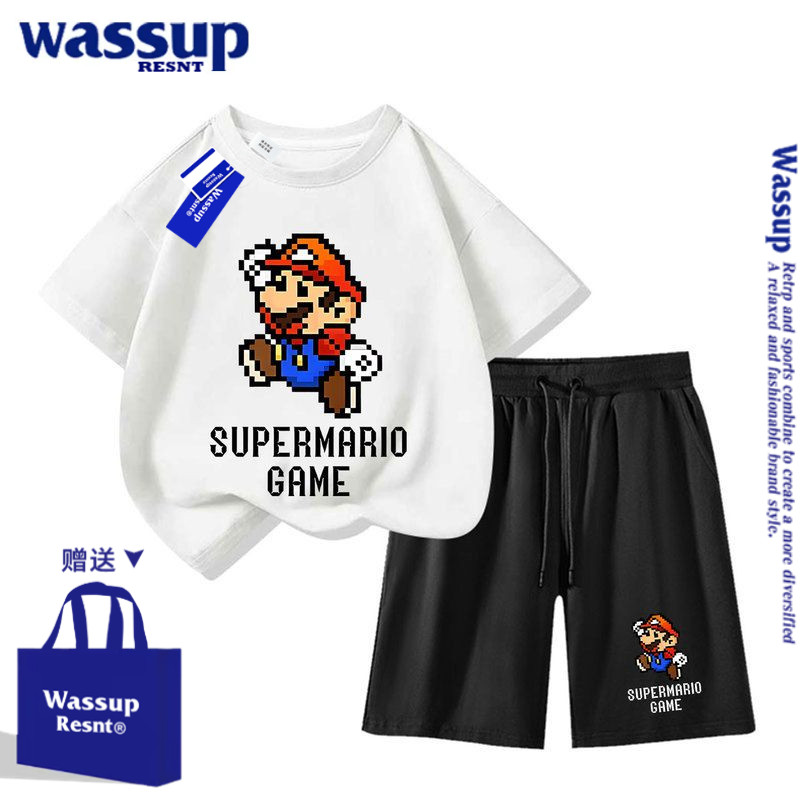WASSUP马里奥衣服男童套装夏装2026新款男孩夏季短袖服装儿童运动