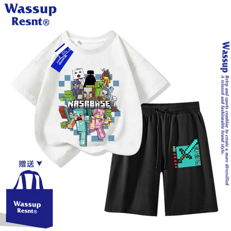 WASSUP童装我的世界男女童t恤短袖儿童苦力怕方块人上衣短裤套装