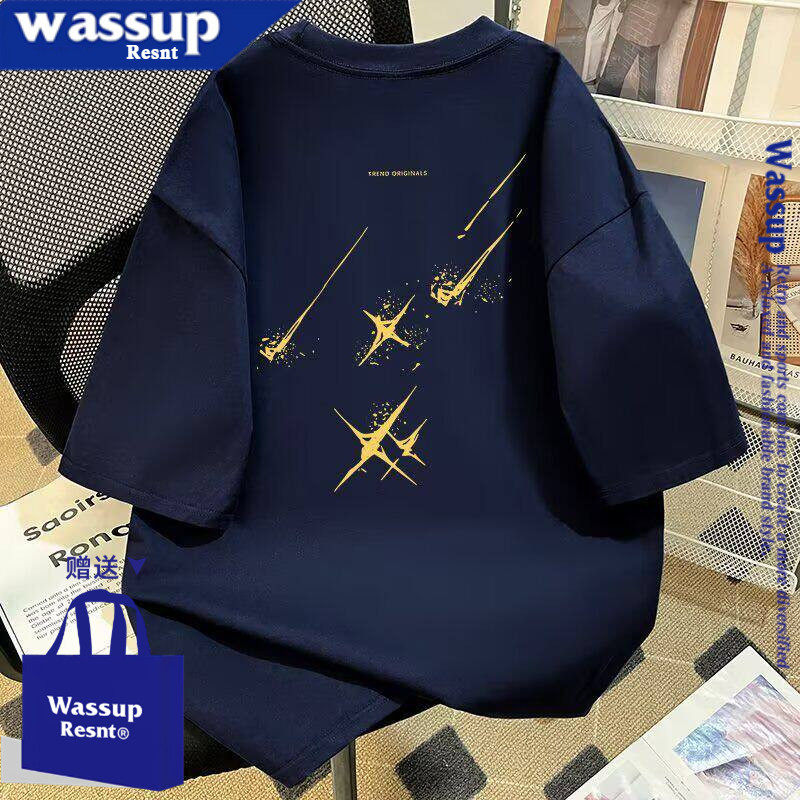 WASSUP美式休闲重磅印花短袖T恤男女款潮牌时尚宽松百搭五分袖