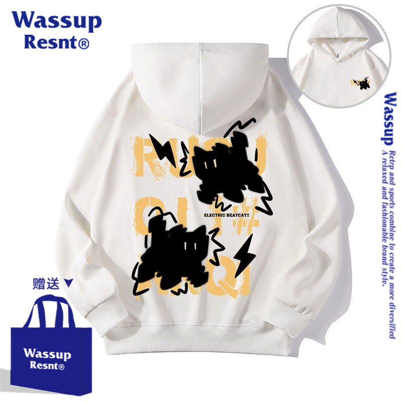 WASSUP闪电新款潮流男女孩猫咪卡通学生连帽衫卫衣服春秋上衣服