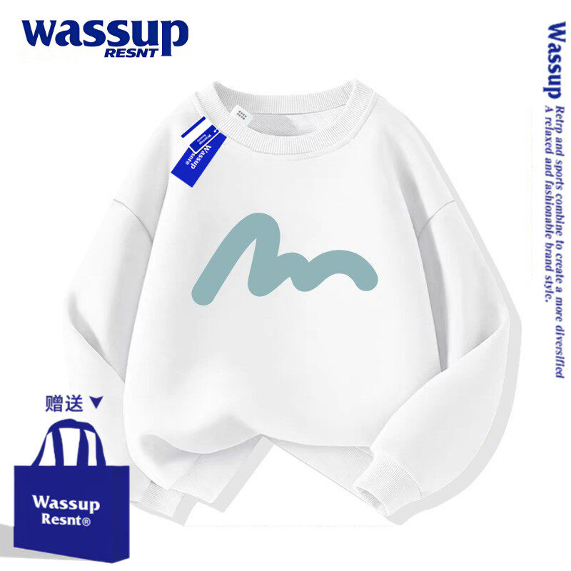 WASSUP联名蓝色男童卫衣春秋款2026新款男孩儿童秋冬加绒女童衣服
