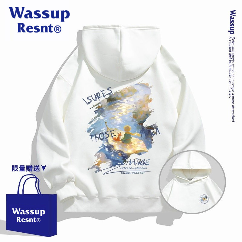 WASSUP白色涂鸦男士卫衣帽衫2026秋季新款青少年宽松外套加绒上衣