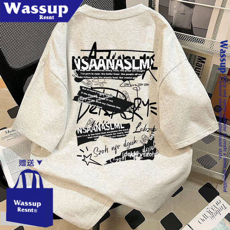 WASSUP纯棉黑色个性短袖T恤男女情侣夏季时尚ins半袖上衣T恤衫