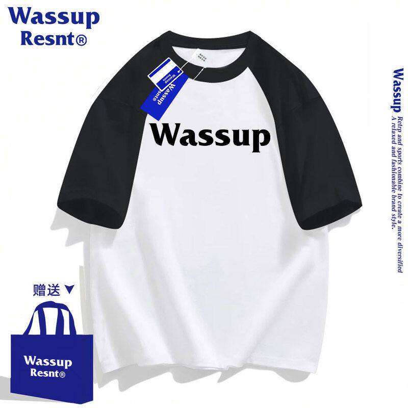 WASSUP潮牌字母插肩T恤短袖男女夏季宽松百搭情侣重磅纯棉上衣服