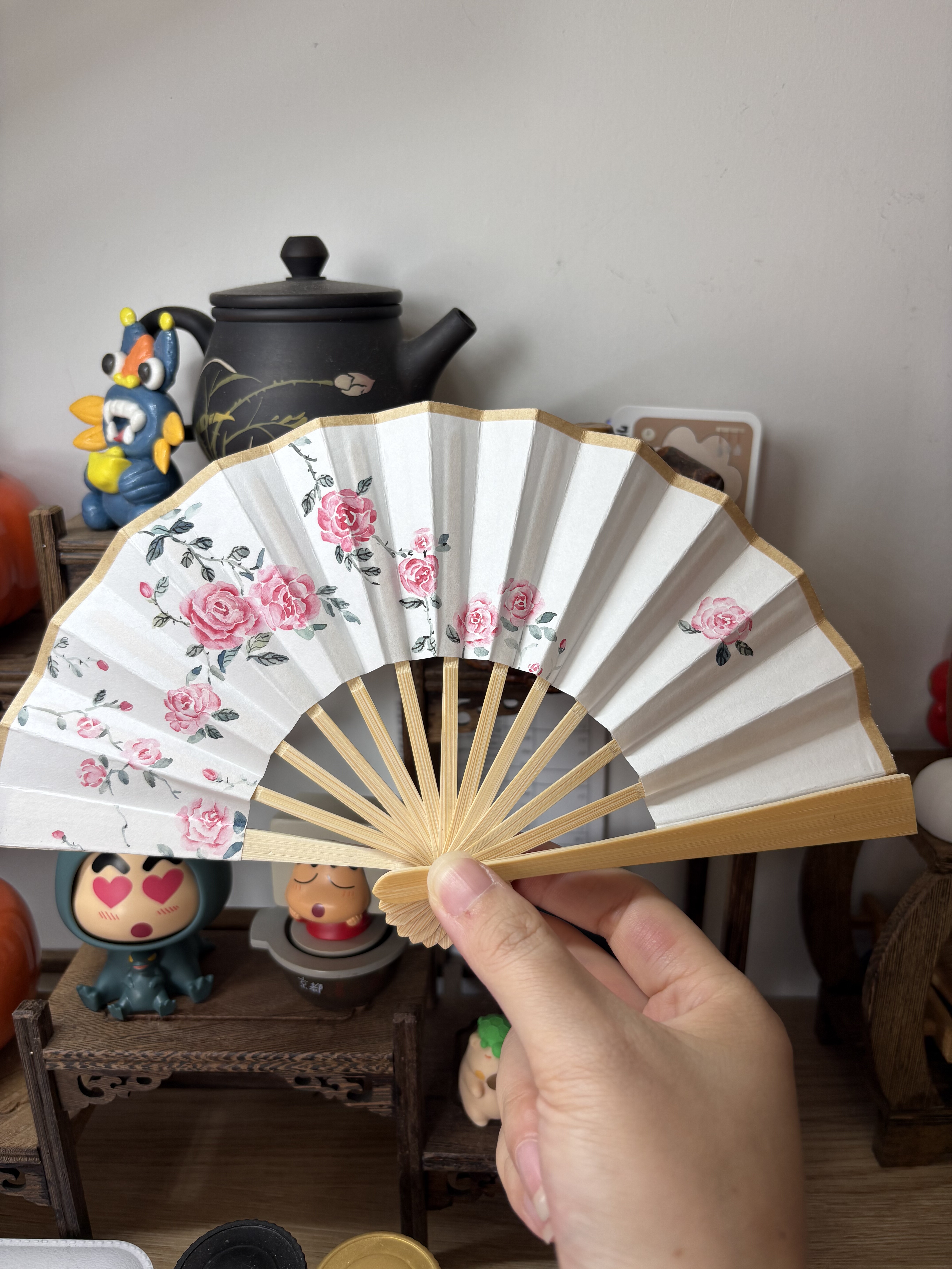 迷你折扇手绘双面毛笔书法题字绘画扇洒金扇面diy画扇精致玫瑰花