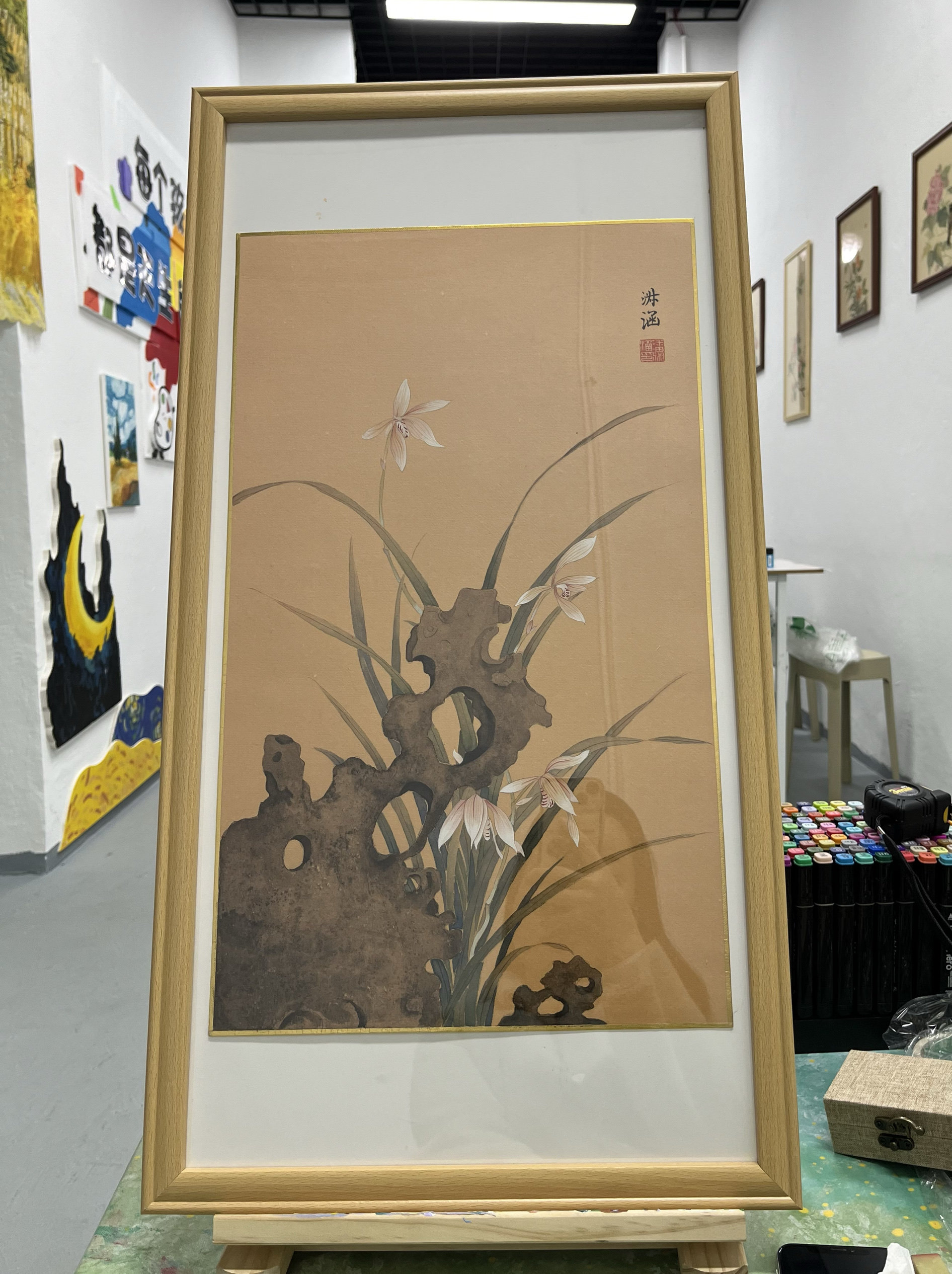 手绘国画作品茶室装饰画兰花工笔画山石仿古式包邮带框发货免装裱