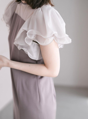 F家原厂 气质薄纱缎面小飞袖过膝开叉连衣裙礼服长裙 FWFO232506