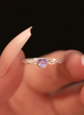 s999纯银足银爱心戒指女心小清新小众甜美粉色锆石食指开口戒