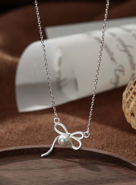 S999纯银足银蝴蝶结淡水珍珠项链蝴蝶结颈链简约INS小红书项链女