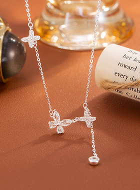 超源S999纯银新款蝴蝶流苏项链女轻奢简约高级设计蝴蝶锁骨链