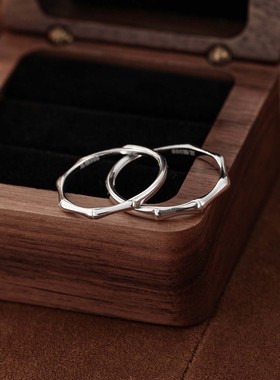 S999纯银足银竹节情侣戒指ins风设计感开口气质送礼物男女手饰品