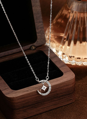 S999纯银足银星月项链女森系ins冷淡风月亮锁骨链网红潮项链韩版
