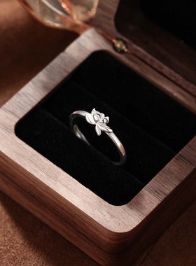 s999纯银足银国风戒指女森系莲花设计复古时尚气质活口食指