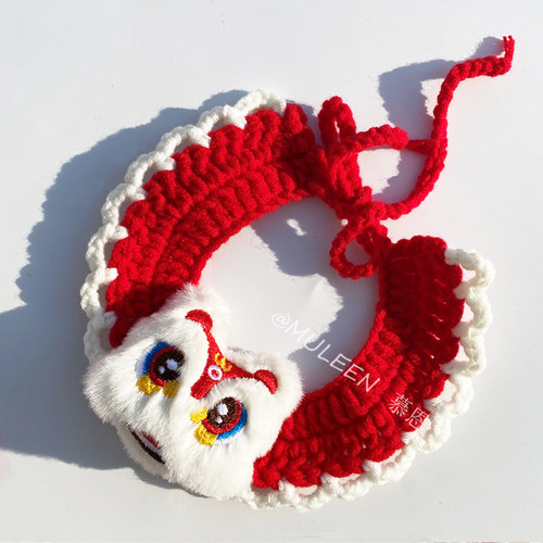 红色新年猫咪围脖手工diy毛线