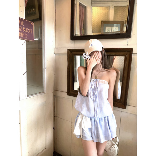 Thas9i九亿 抽绳可调节蓝色肌理感条纹抹胸连衣裙系带收腰吊带裙