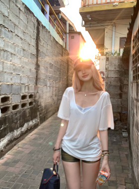 Thas9i九亿 纯欲天菜 V领天丝清凉扭结T恤女宽松显瘦上衣 双面穿