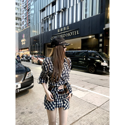 两穿休闲格子衬衫女工装半裙套装
