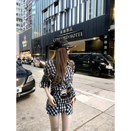 Thas9i九亿 英格蓝调 两穿休闲肩绊格子衬衫复古休闲工装半裙套装