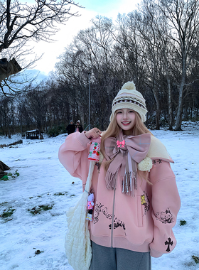 Thas9i九亿 KT捣蛋鬼 宽松印花加绒保暖连帽卫衣外套女开衫上衣