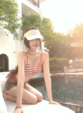 Thas9i九亿红蓝条纹撞色肌理感比基尼吊带背心女辣妹性感海边套装