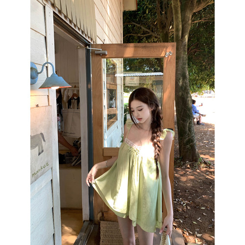 Thas9i九亿少女清新感小飞袖蕾丝拼接吊带收腰显瘦A字甜妹小上衣