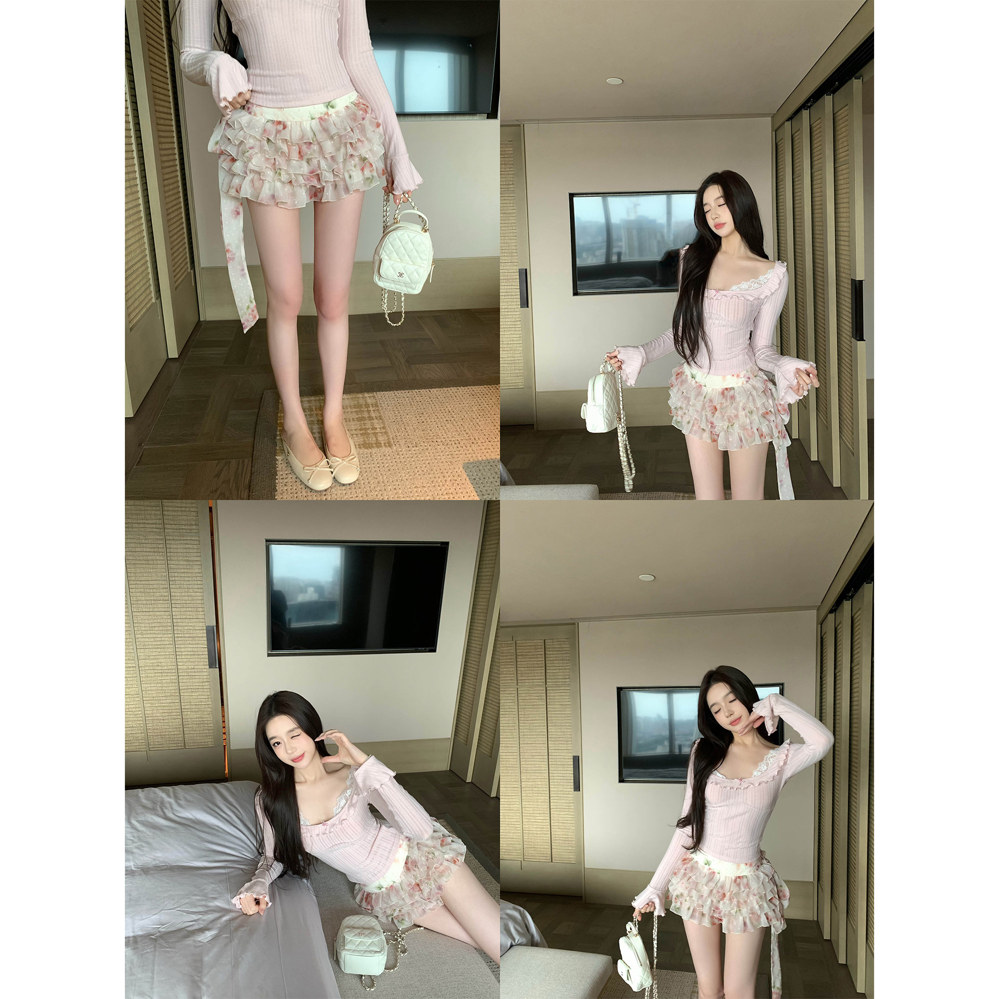 九亿少女感花卉印花低腰蛋糕裙图片