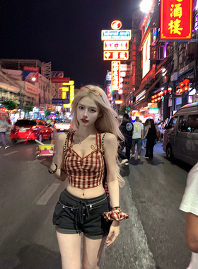 Thas9i九亿 爱丽丝游 蕾丝格子吊带显瘦百搭绑带内搭外穿背心上衣