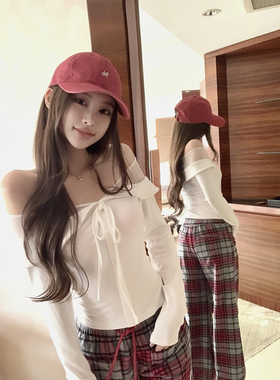 Thas9i九亿 一字肩翻领网纱拼接打底衫女修身蝴蝶结系带针织衫