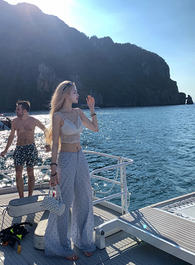 Thas9i九亿 夏季海边蓝色蕾丝低腰裤慵懒阔腿裤休闲裤宽松长裤子